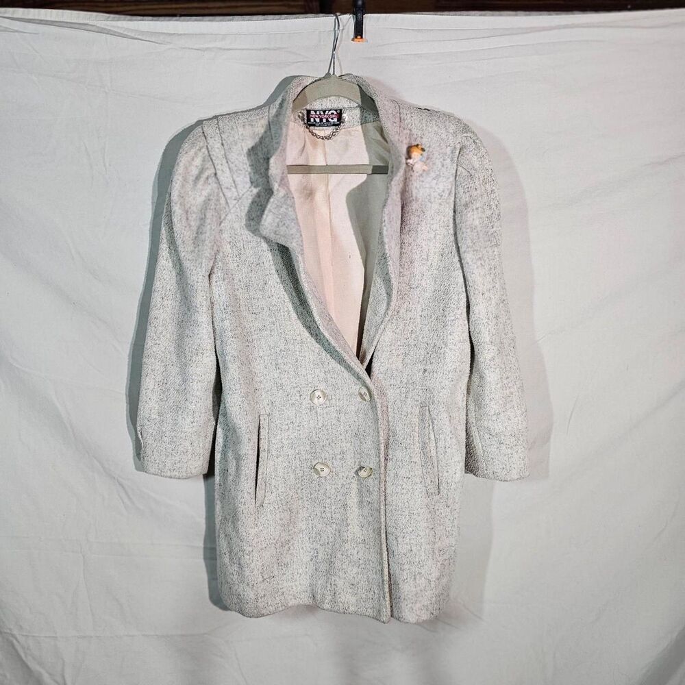 NYG Women's Grey and Cream Coat Vintage 80s/90s "New York Girl" Tweed Overcoat